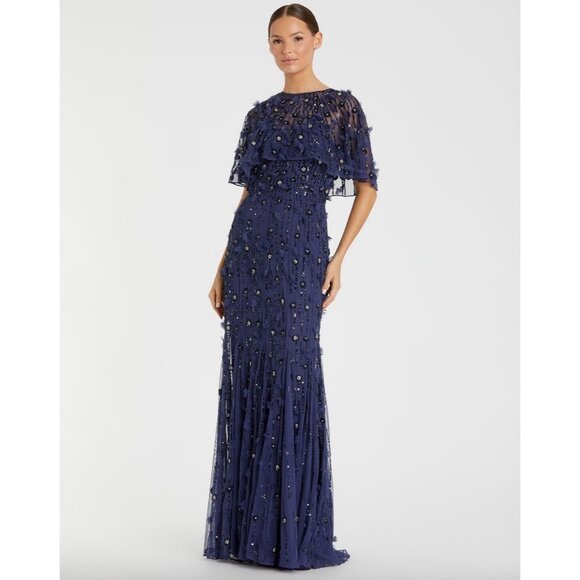 Mac Duggal 93653 Embellished Illusion Cape Sleeve Trumpet Gown Midnight Size 4